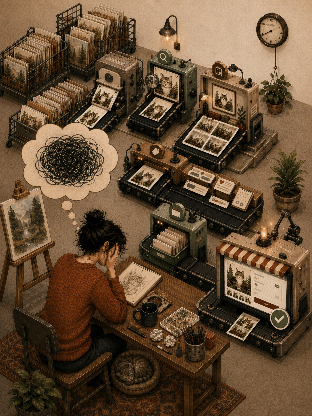 Printable art seller workflow showing time spent resizing, creating mockups, upscaling, and writing Etsy listings